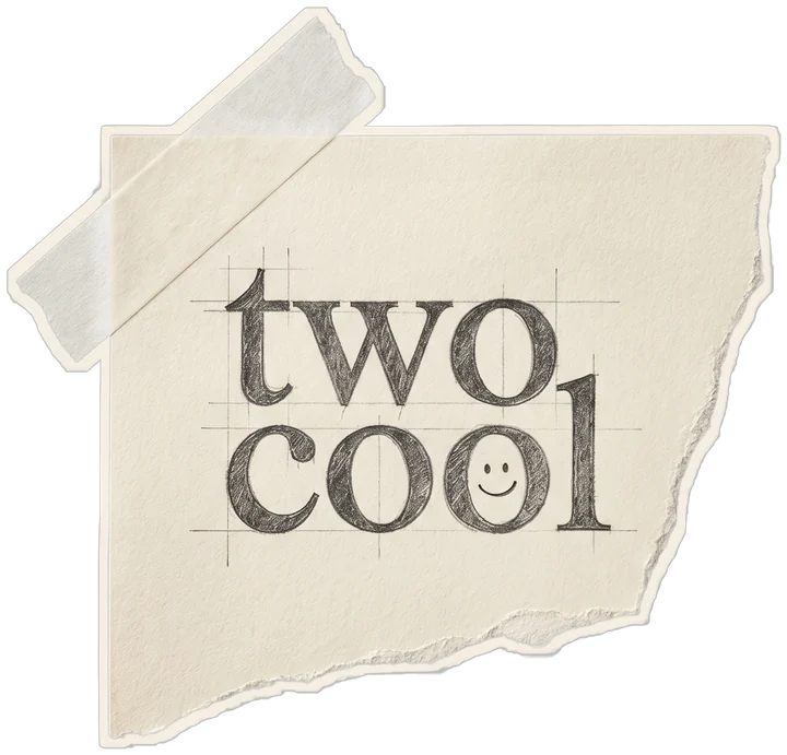 The original wordmark sketch — two cool penciled with construction guides, a smiley in the second o, taped to the wall