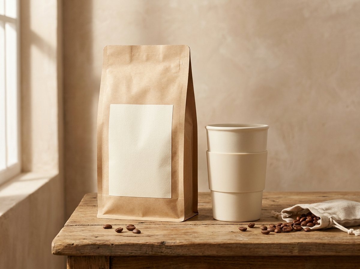 Halloran & Co. retail packaging — a kraft bean bag and a ceramic to-go cup on the counter, labels typeset by the studio