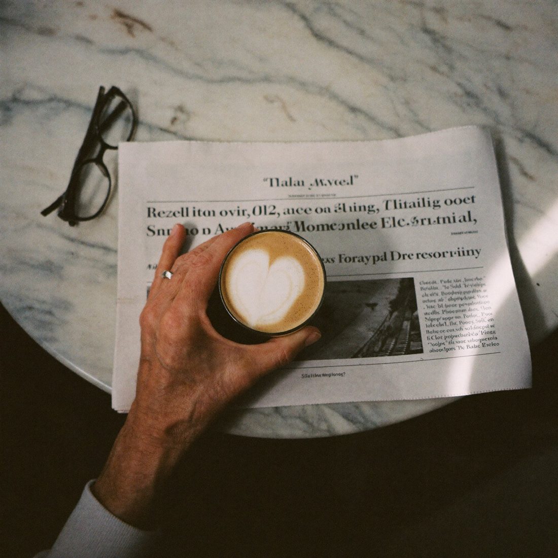 The usual — a regular's hands over a Spanish newspaper and a cortado