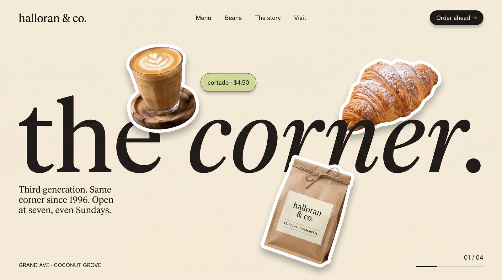 Halloran site concept — the corner, with rotating featured items