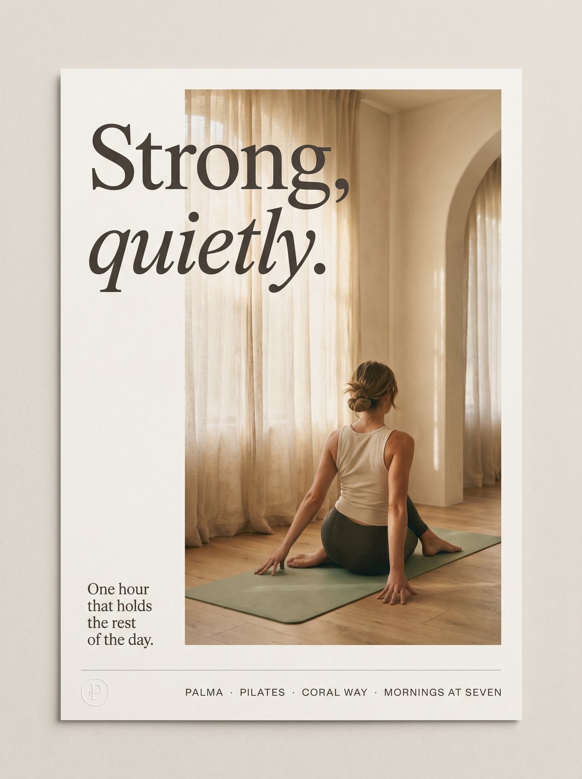 Palma campaign print — Strong, quietly. Warm plaster, sage mat, cream paper