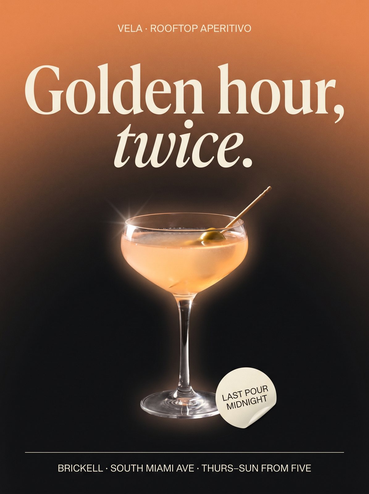 Vela campaign poster — Golden hour, twice. Cream serif on an apricot-to-ink dusk gradient