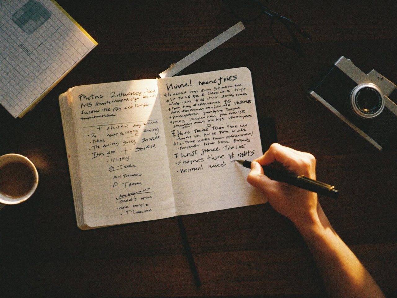The plotter's desk, mid-note: a hand writing in an open planner with a fountain pen beside a film camera and a finished espresso on dark walnut