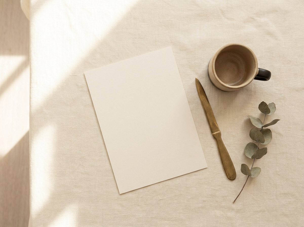 The Halloran closing card photographed on the studio table beside an espresso and a sprig of eucalyptus