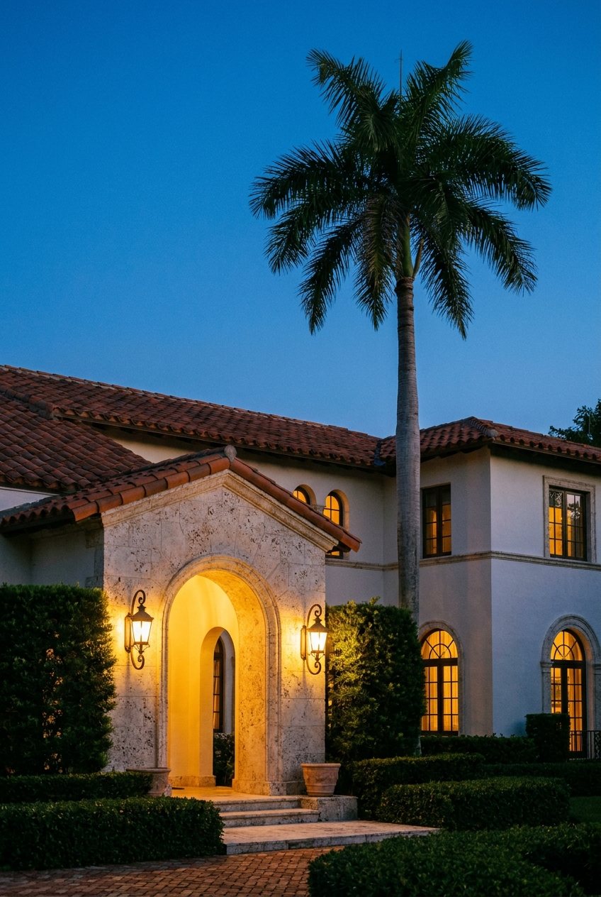 Bifold property brochure cover — Coral Gables Spanish colonial entry at dusk