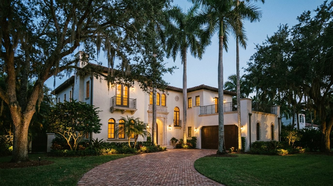 Dusk photograph of a Mediterranean revival Coconut Grove estate with warm lit windows under a live oak canopy