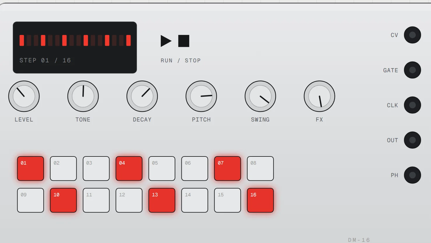 DATUM DM-16 control panel: a red LED step display, six knurled control knobs, five calibrated jacks, and sixteen velocity pads.