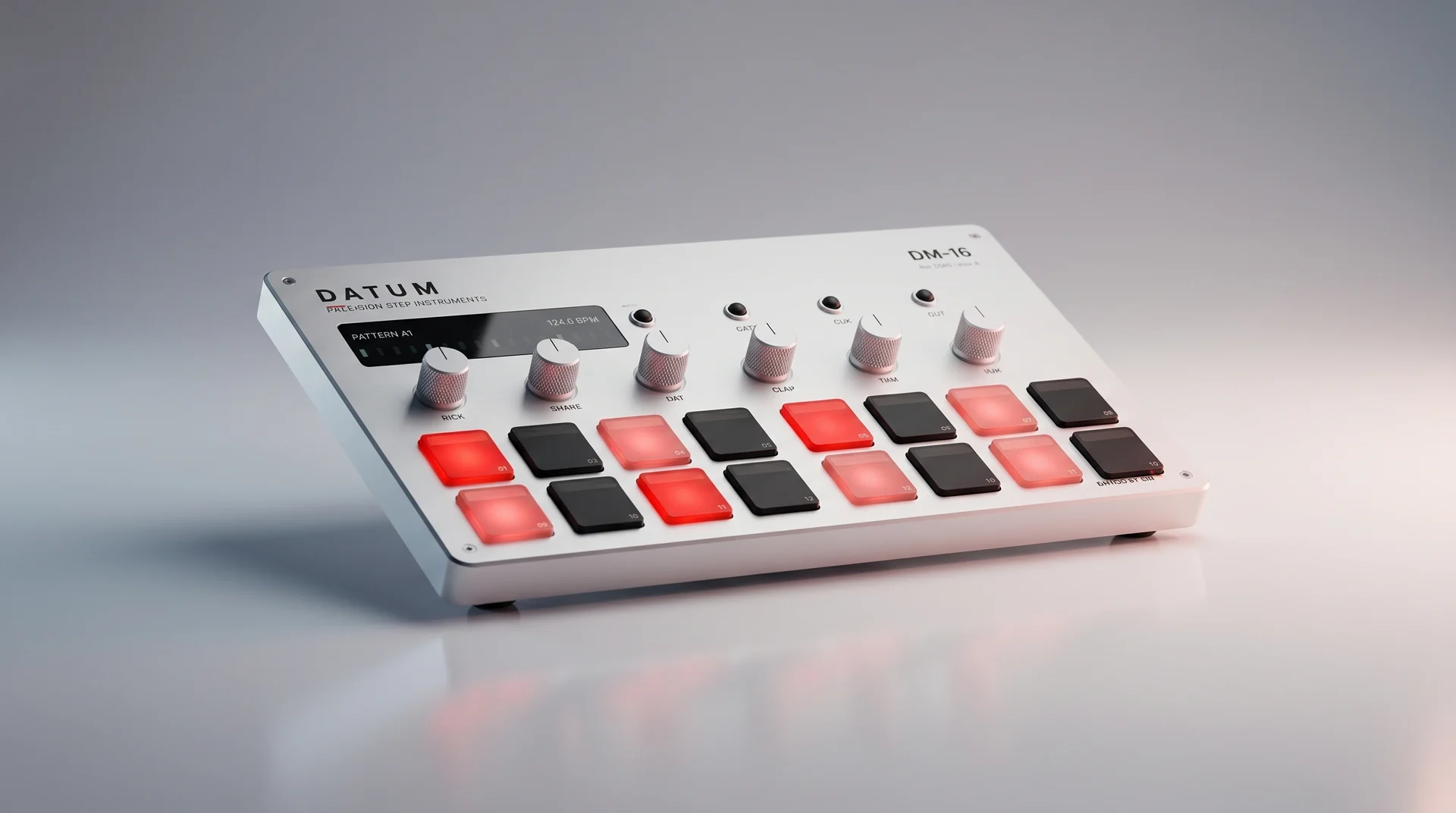 The DM-16 closer — calibrated knurled controls, the live pattern display, red-lit velocity pads.