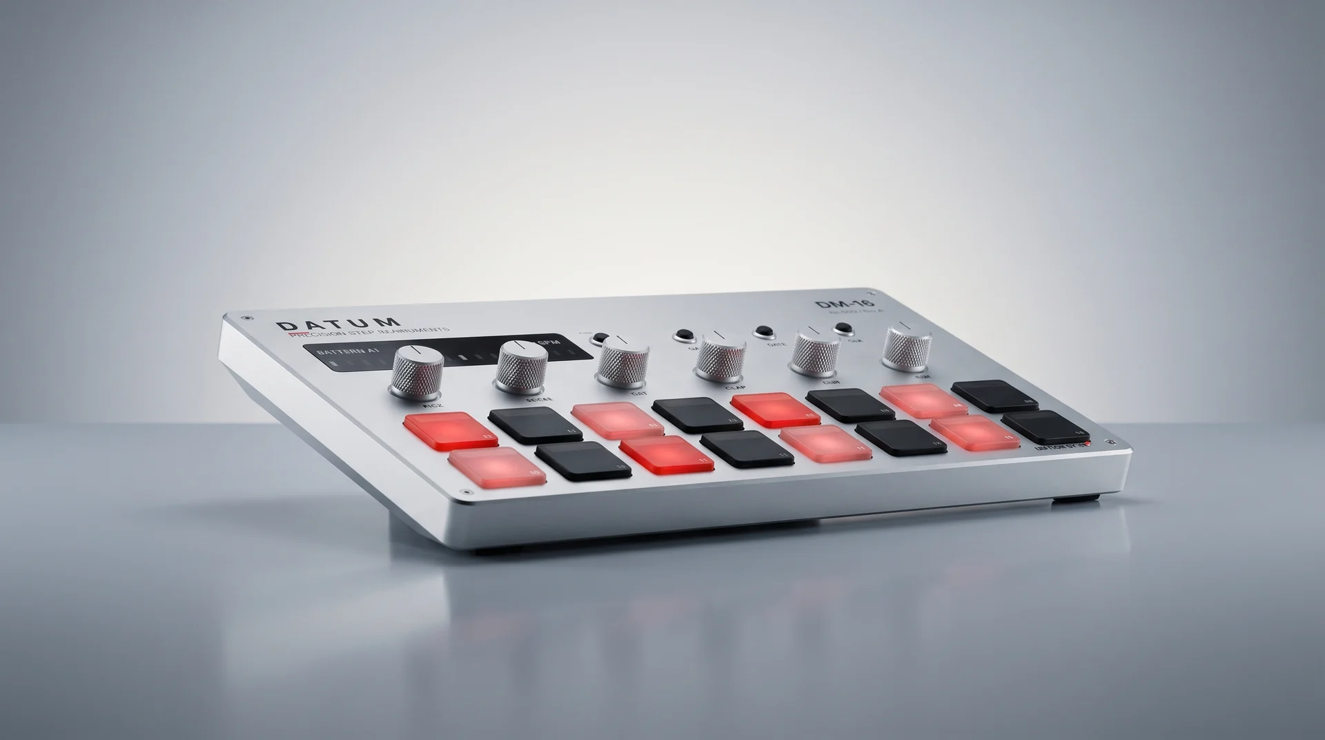 The DM-16 from a low three-quarter angle — milled aluminium edge, sixteen pads aglow.