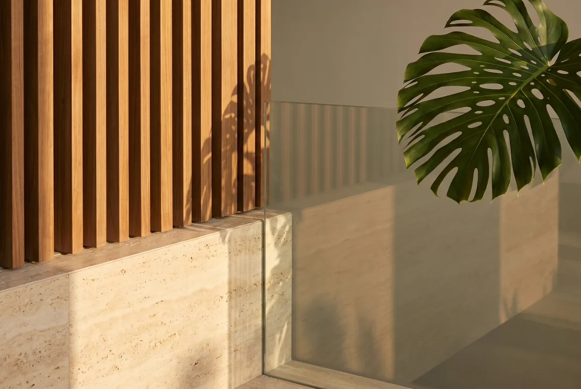 Teak, travertine, glass