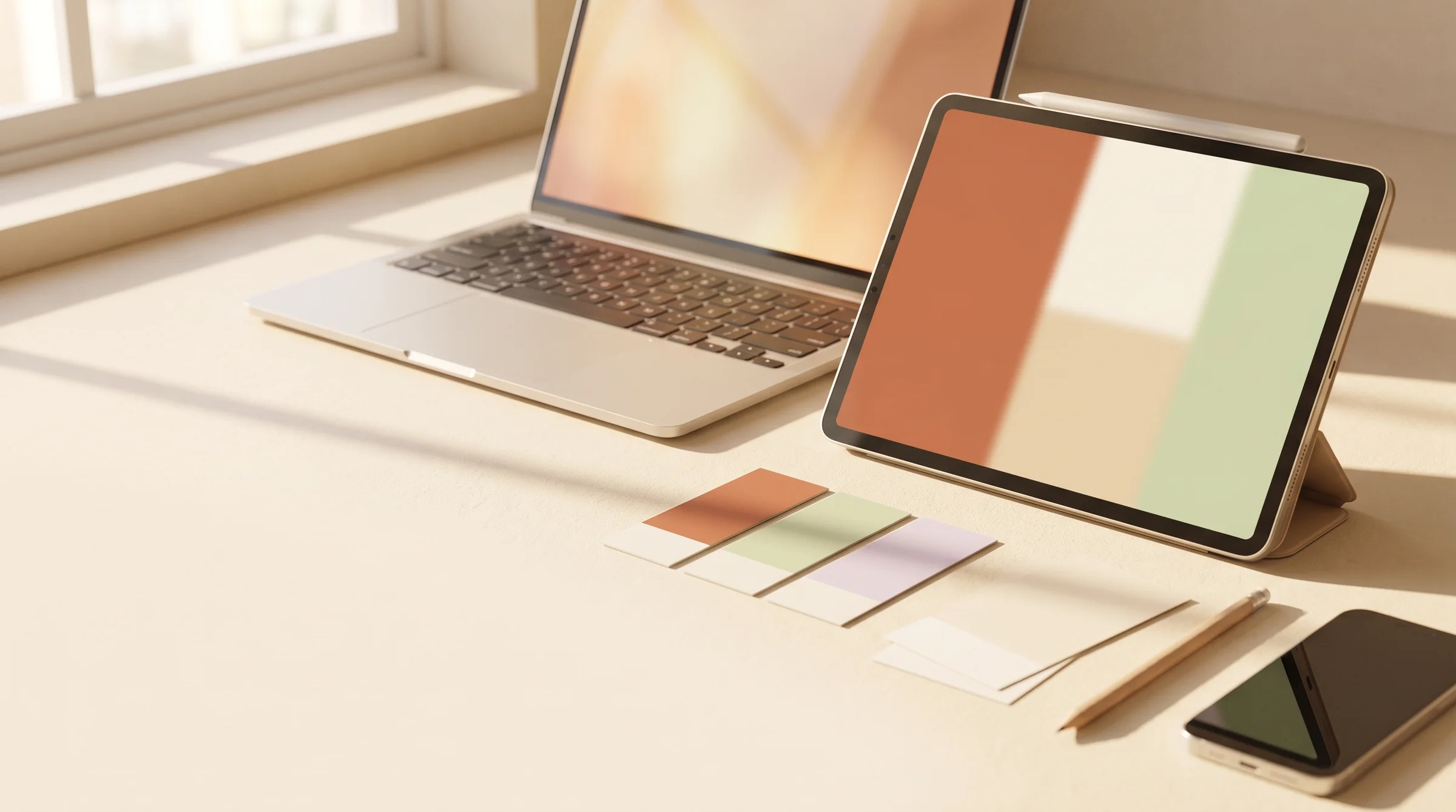 A modern studio desk in warm light: a laptop and an iPad on a stand showing a terracotta, cream and pistachio colour study, beside physical colour chips, a pencil and a phone — the studio at work