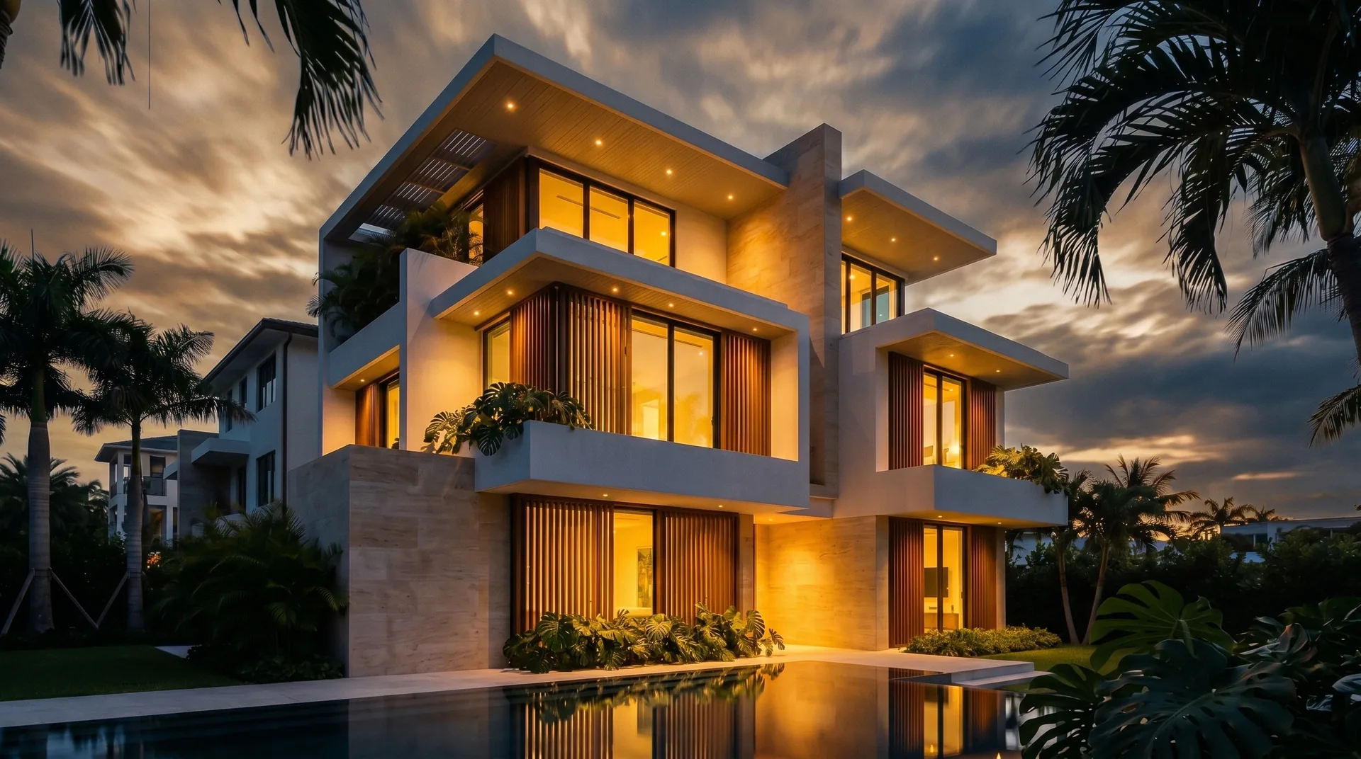 A Maxwell residence at golden dusk over a reflecting pool — warm light, architectural lines, palms.
