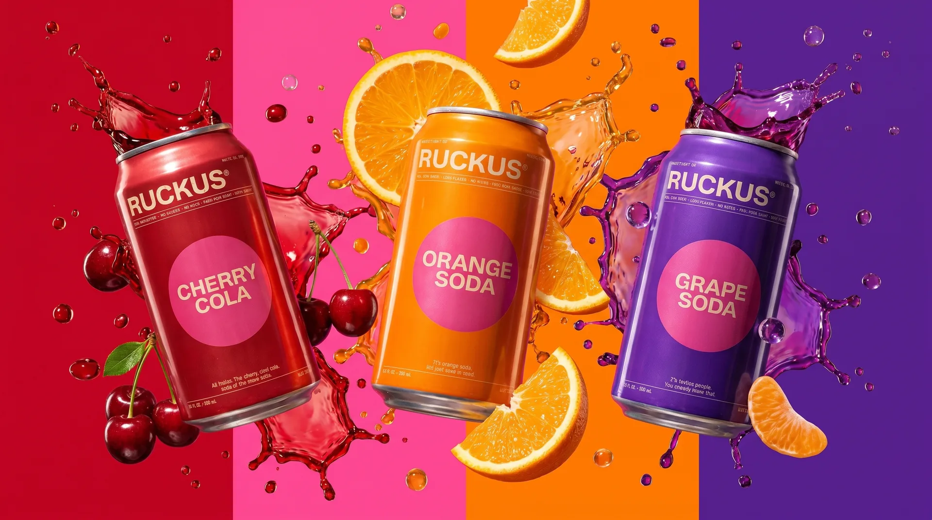 RUCKUS soda cans — cherry, orange, grape — in a loud color-blocked splash campaign.