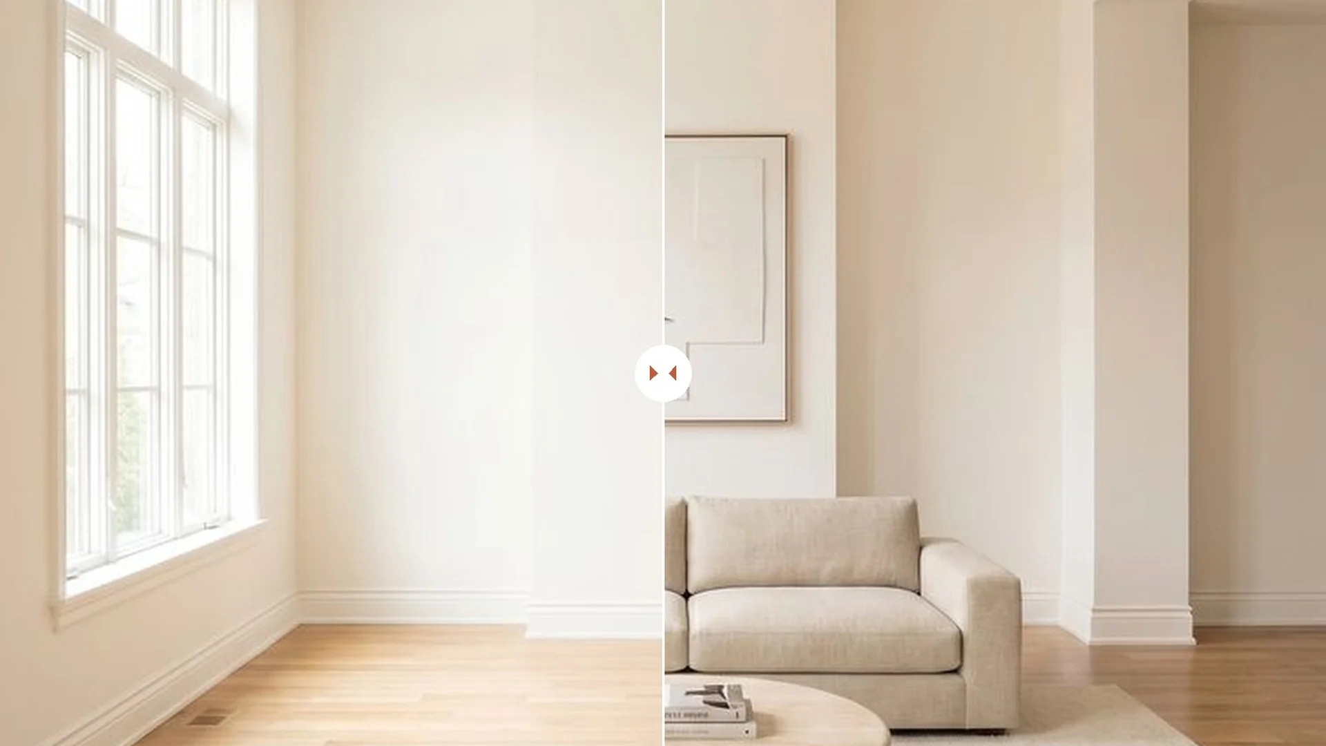 A Trueroom before and after: an empty room on the left, the same room virtually staged with a sofa, framed art and a rug on the right.